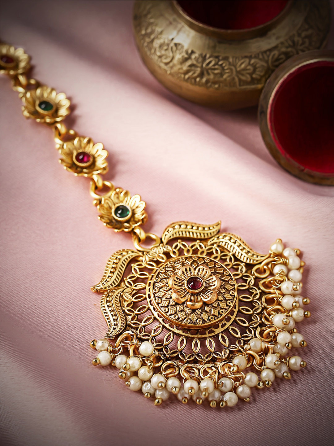 

Rubans Gold-Plated Red & Green Stone Studded Handcrafted Maangtika
