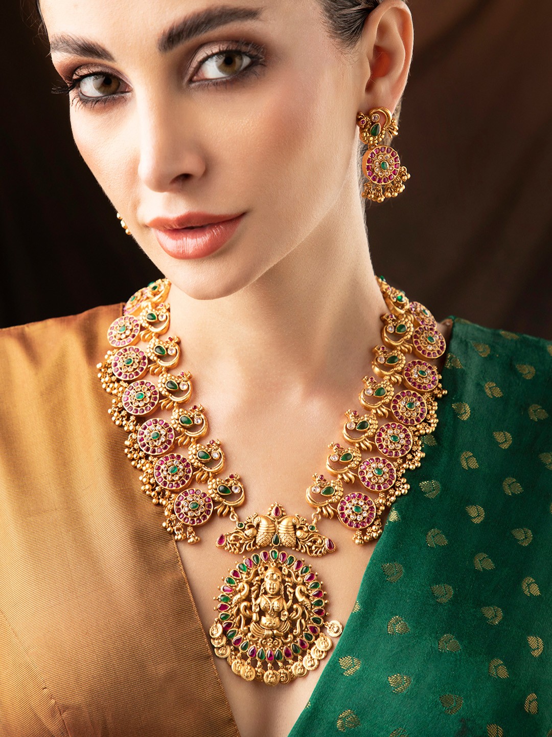 

Rubans 24K Gold-Plated Green & Pink Stone-Studded Temple Jewellery Set