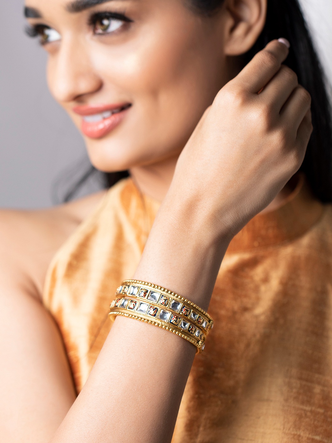 

Rubans Women Set Of 4 24 K Gold-Plated Stone Studded & Mirror Bangles