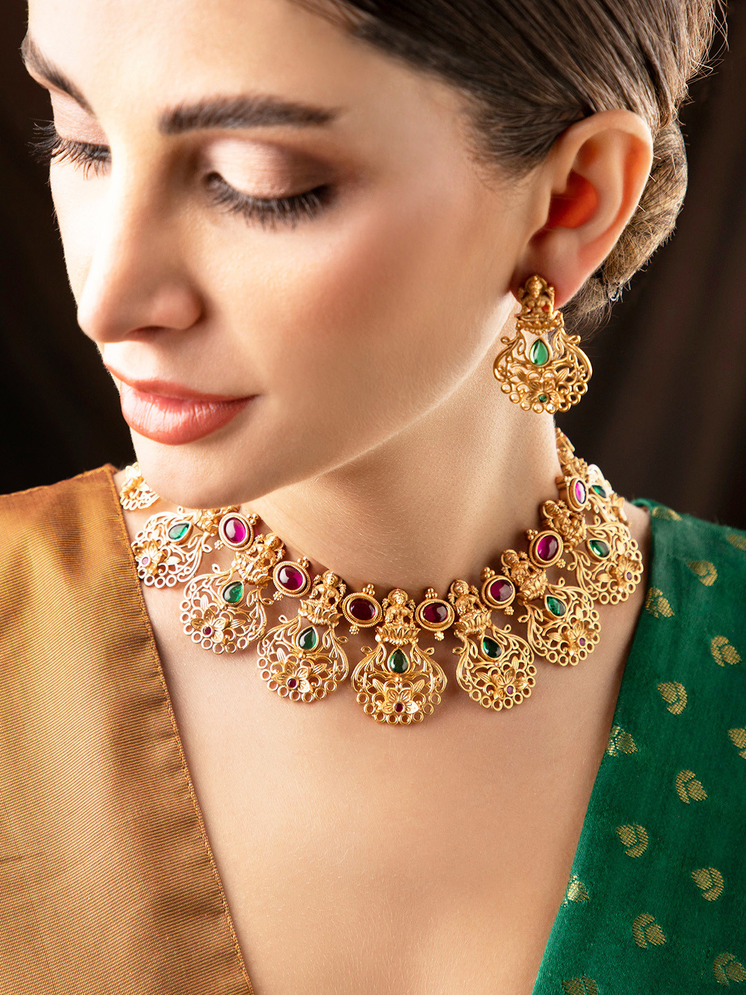 

Rubans Gold-Plated Red & Green Stone Studded Jewellery Set