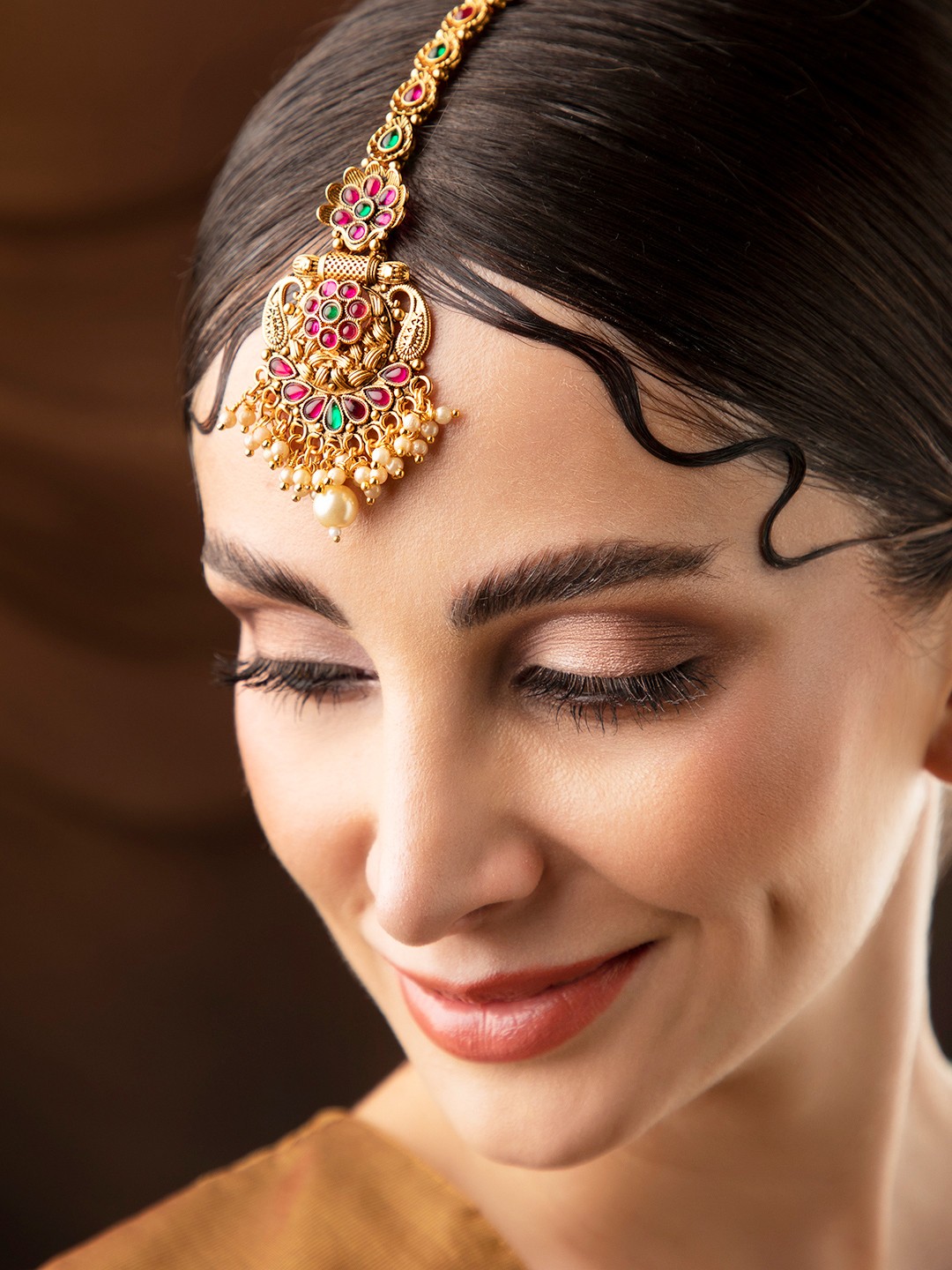 

Rubans 24K Gold-Plated Red & Green Stones-Studded Temple Maangtika