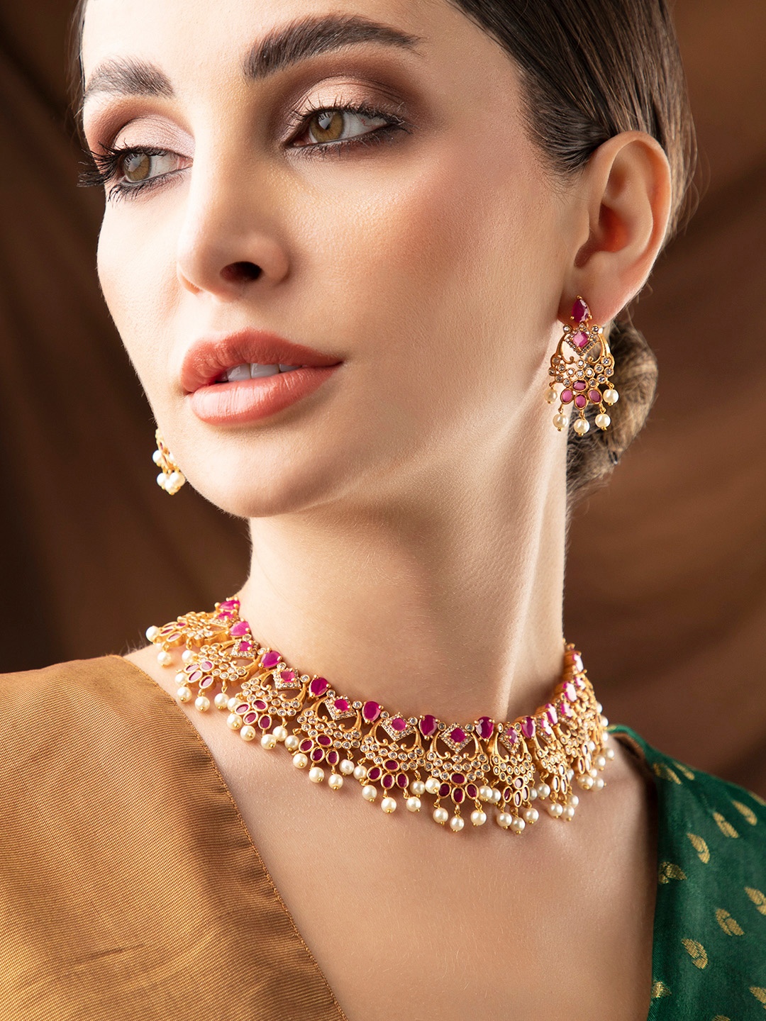 

Rubans 18K Gold-Plated Ruby Pink & Cubic Zicronia Studded Jewellery Set with Pearl Accents