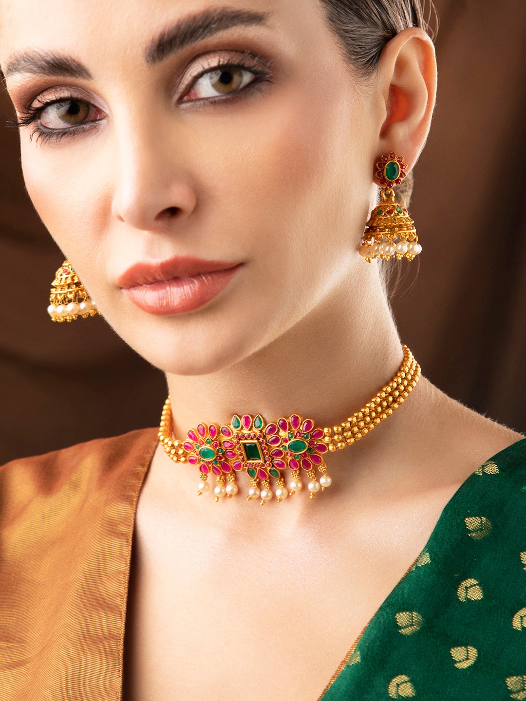 

Rubans Women 24K Gold-Plated Pink & Green Stone-Studded & Beaded Jewellery Set
