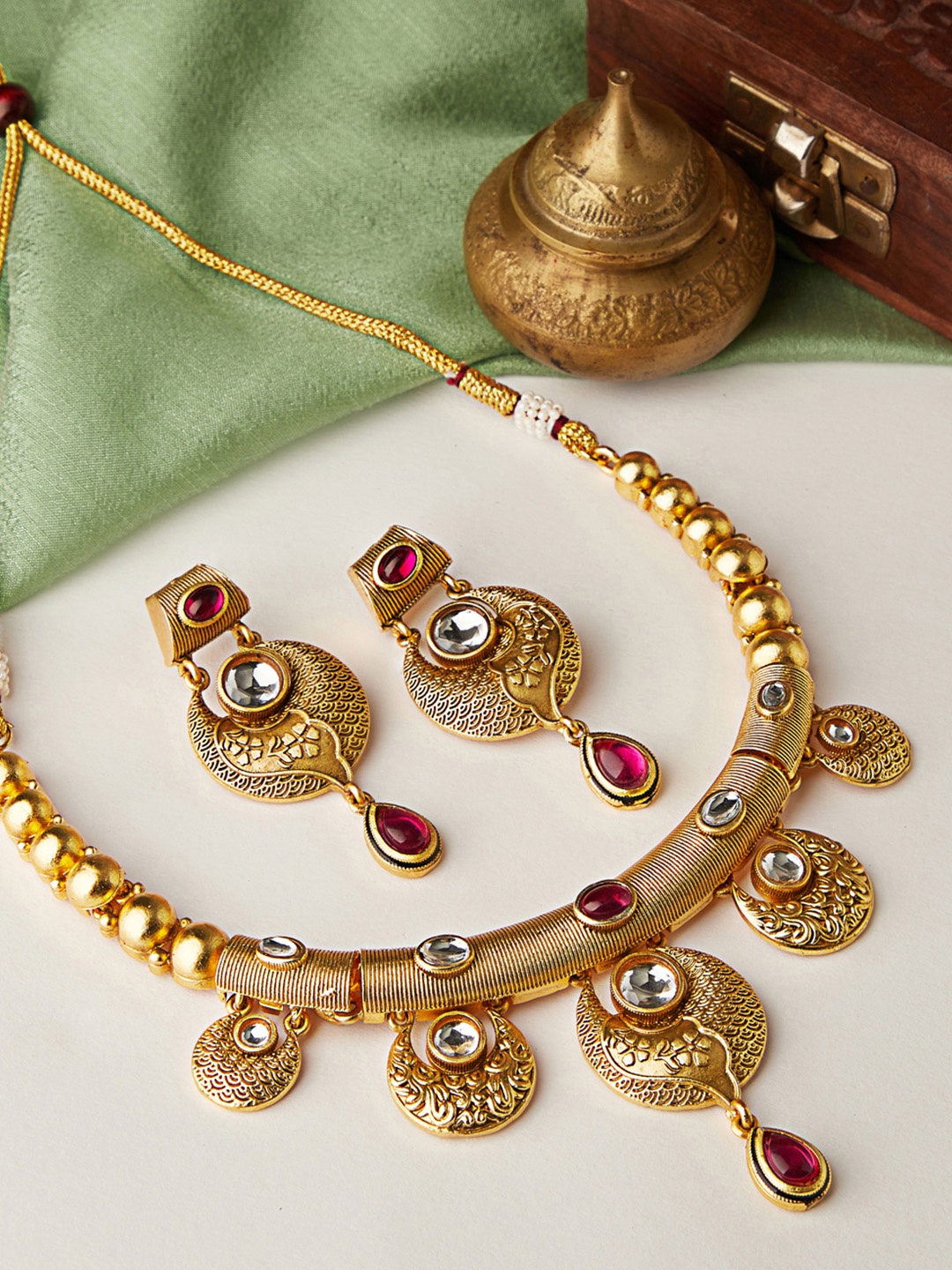 

Rubans Gold-Plated Red & White Stone Studded Jewellery Set