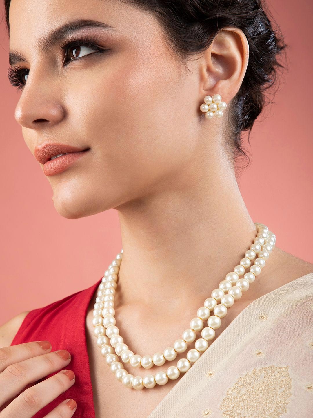 

Rubans Gold-Plated White Pearls Beaded Two Layers Jewellery Set