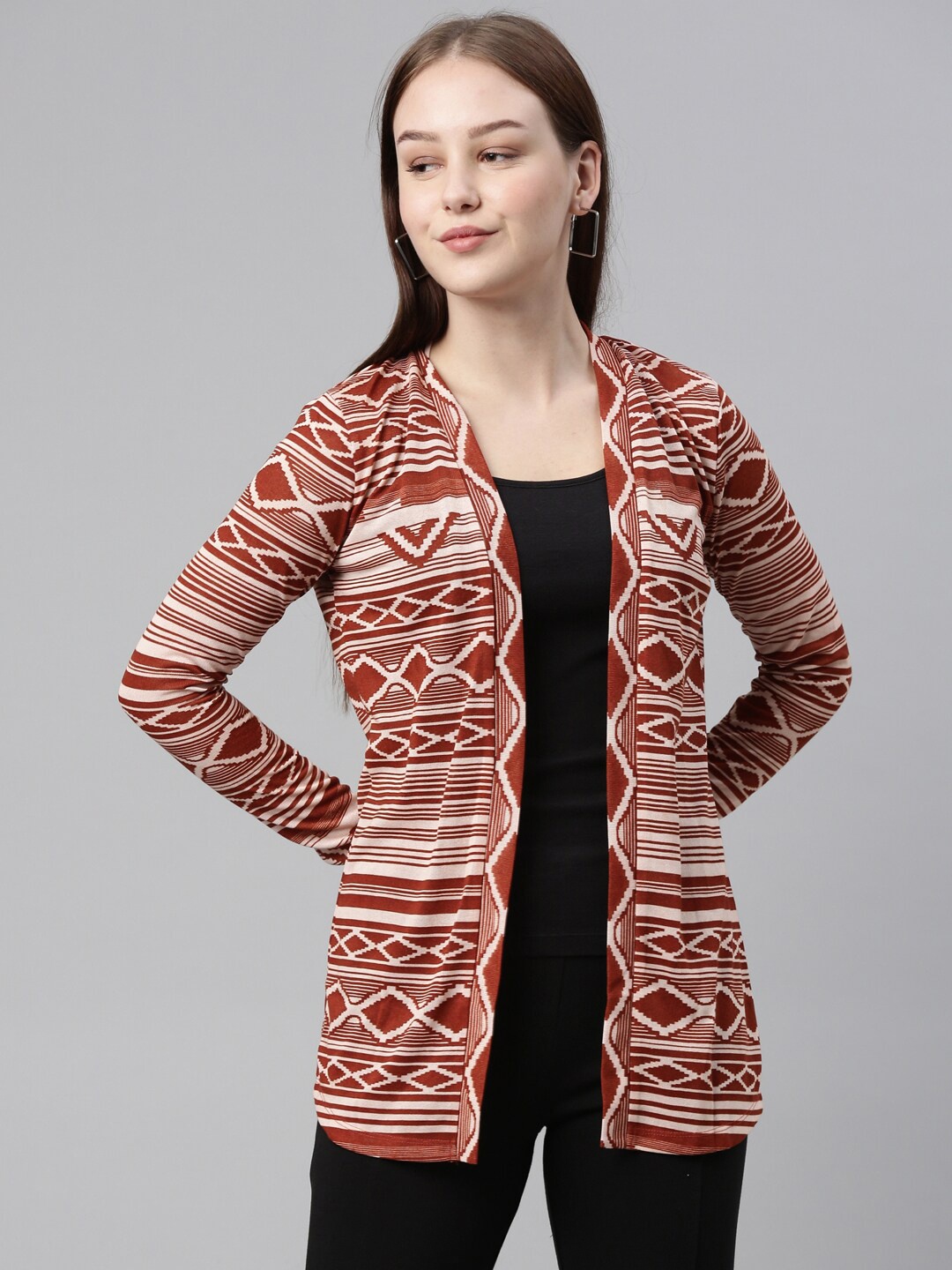 

LAYA Women Cream-Coloured & Brown Printed Shrug