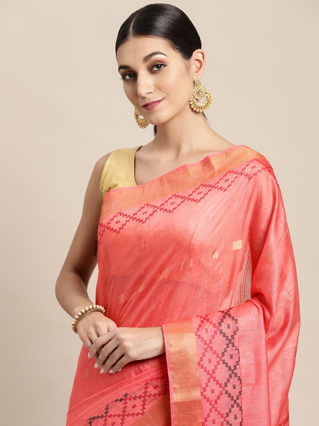 

swatika Peach-Coloured & Maroon Geometric Woven Design Bhagalpuri Saree