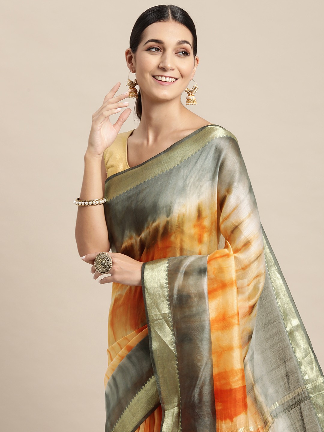 

swatika Orange & Grey Tie and Dye Pure Silk Bhagalpuri Saree