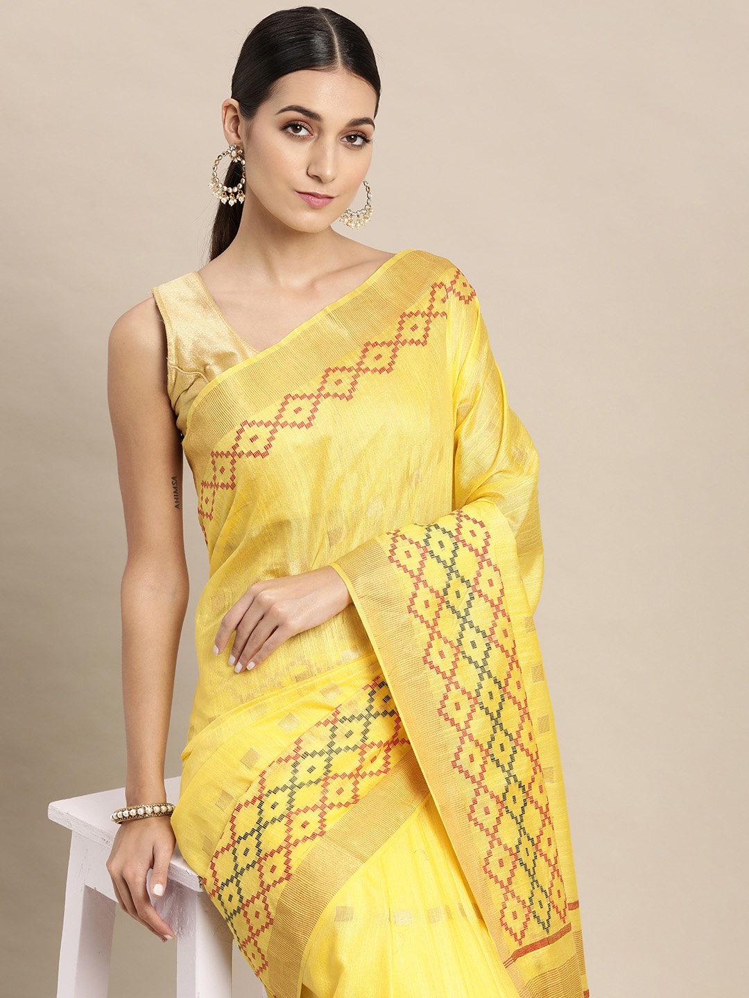 

swatika Yellow & Red Geometric Woven Design Bhagalpuri Saree