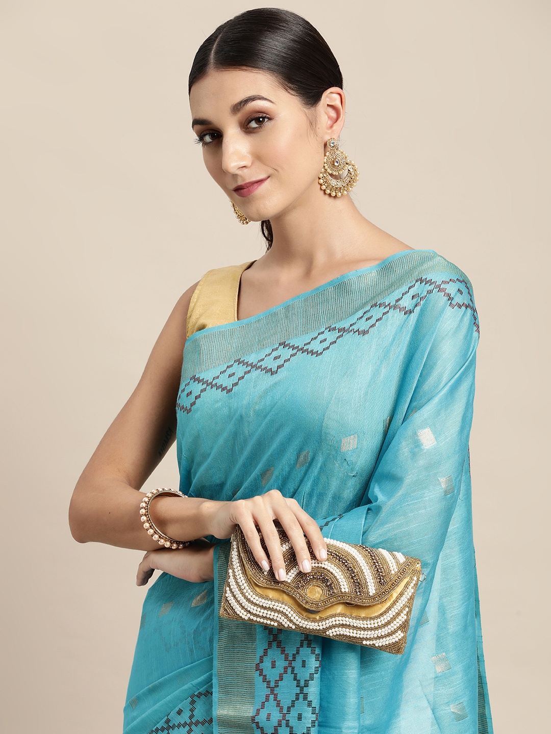 

swatika Blue & Maroon Geometric Woven Design Bhagalpuri Saree
