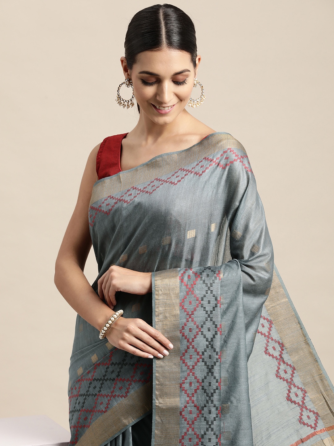 

swatika Grey & Maroon Geometric Woven Design Bhagalpuri Saree