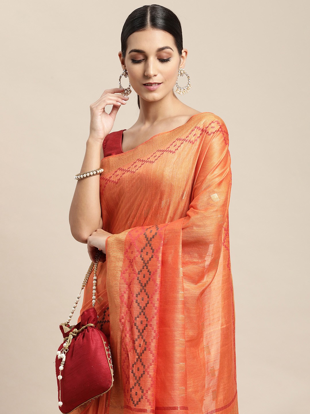 

swatika Orange & Maroon Geometric Woven Design Bhagalpuri Saree