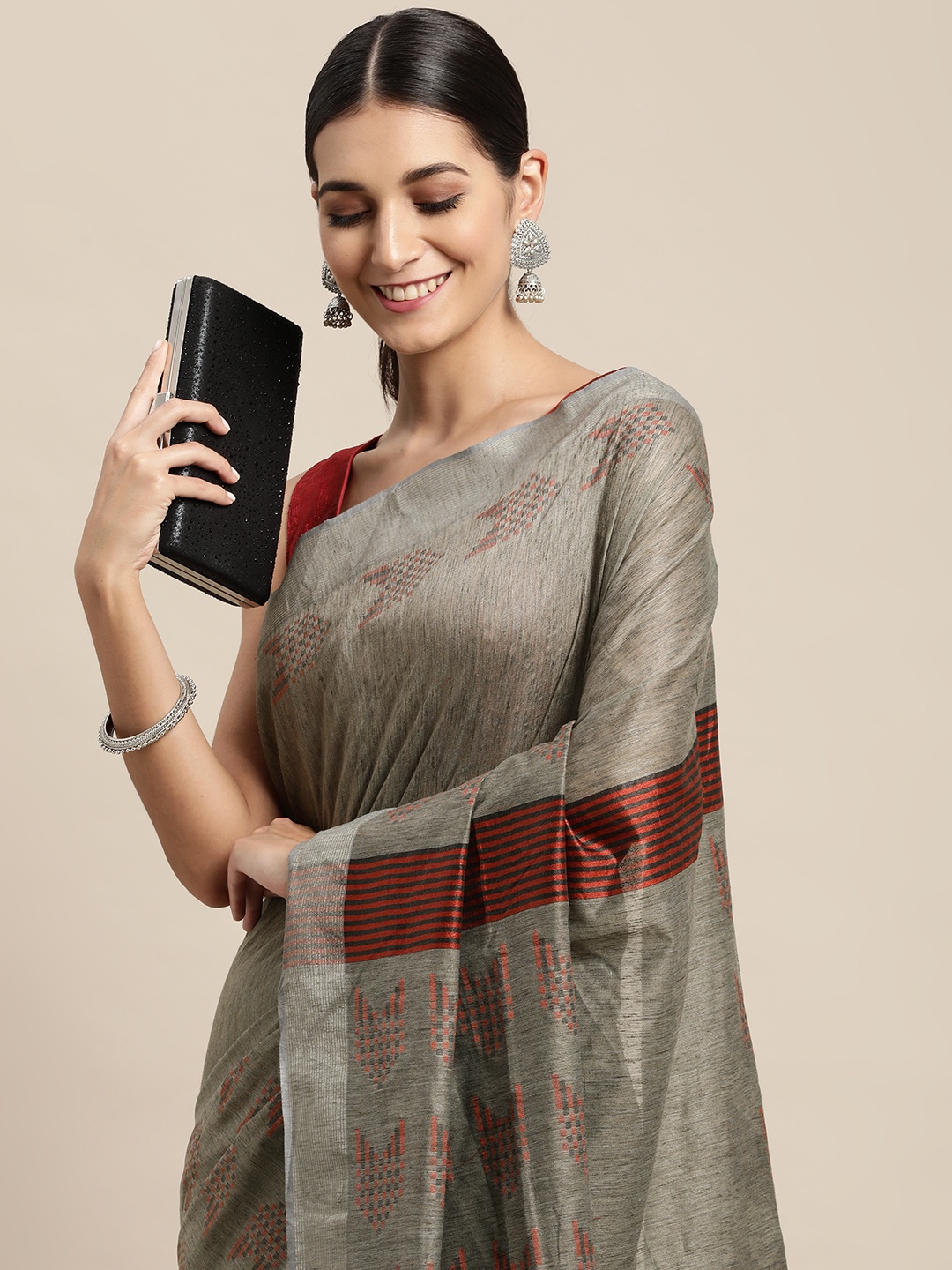 

swatika Grey & Maroon Geometric Woven Design Bhagalpuri Saree