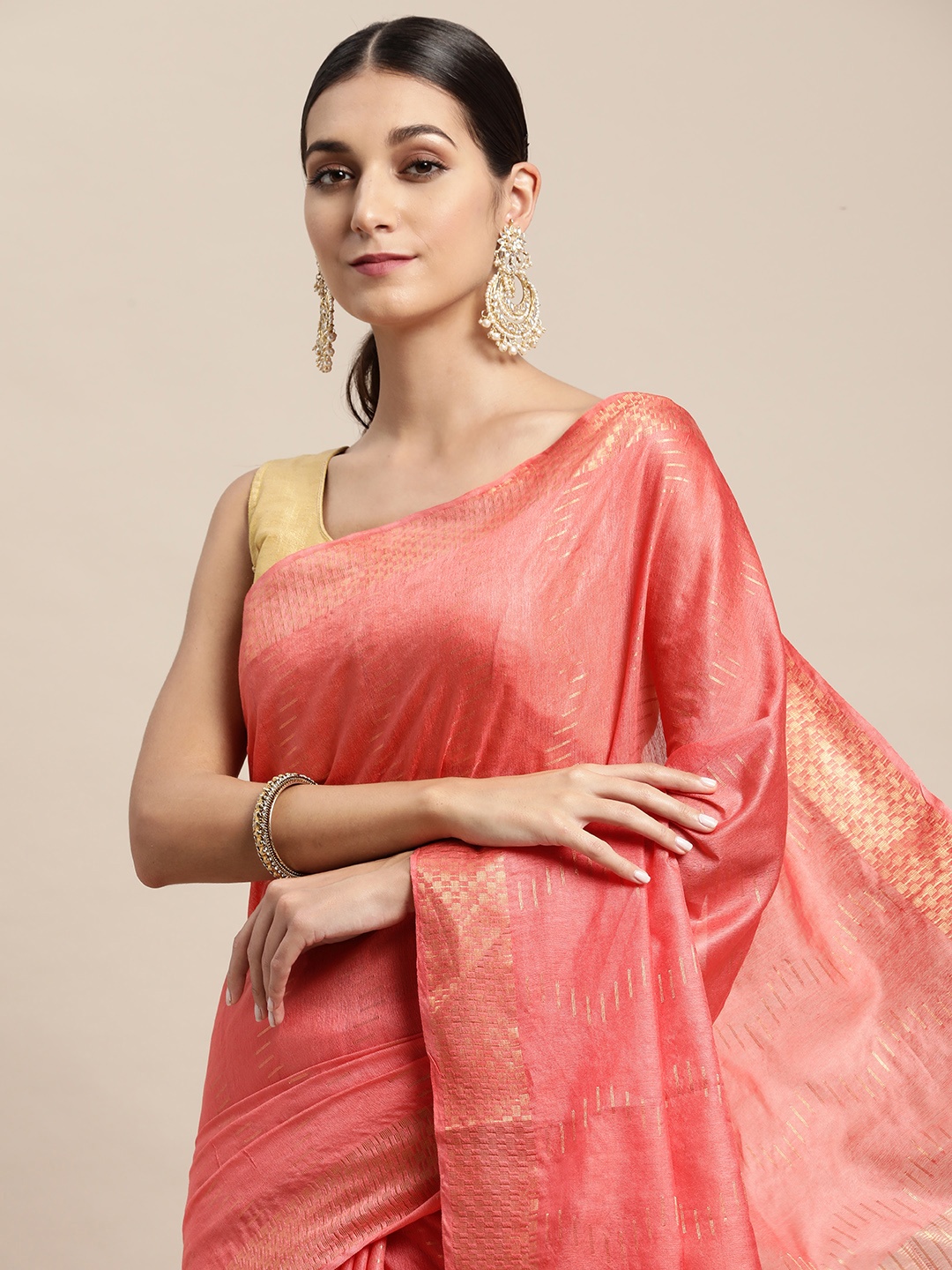 

swatika Peach-Coloured & Golden Geometric Woven Design Bhagalpuri Saree