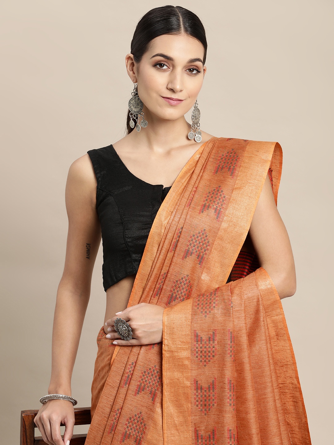 

swatika Orange & Maroon Geometric Woven Design Bhagalpuri Saree