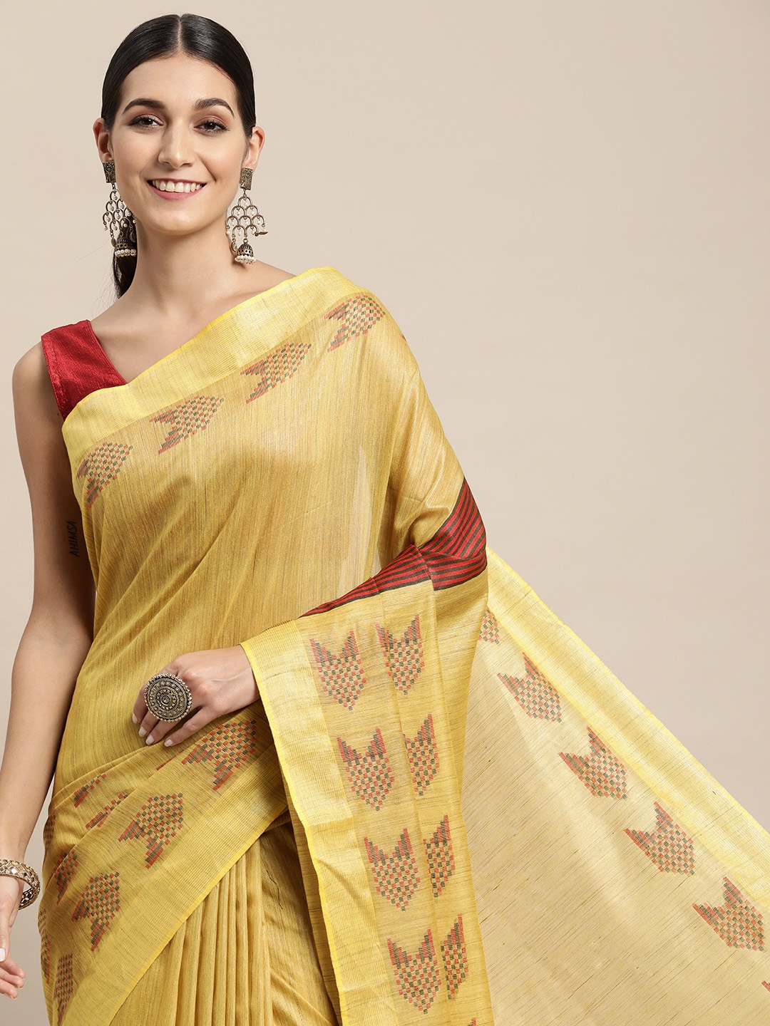 

swatika Yellow & Maroon Geometric Woven Design Bhagalpuri Saree