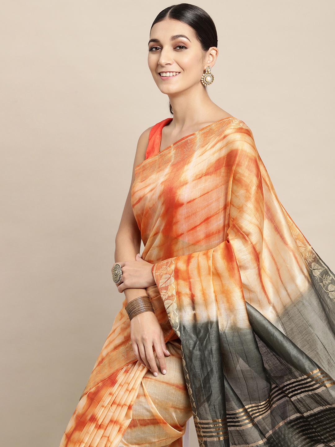 

swatika Orange & Black Tie and Dye Pure Silk Bhagalpuri Saree