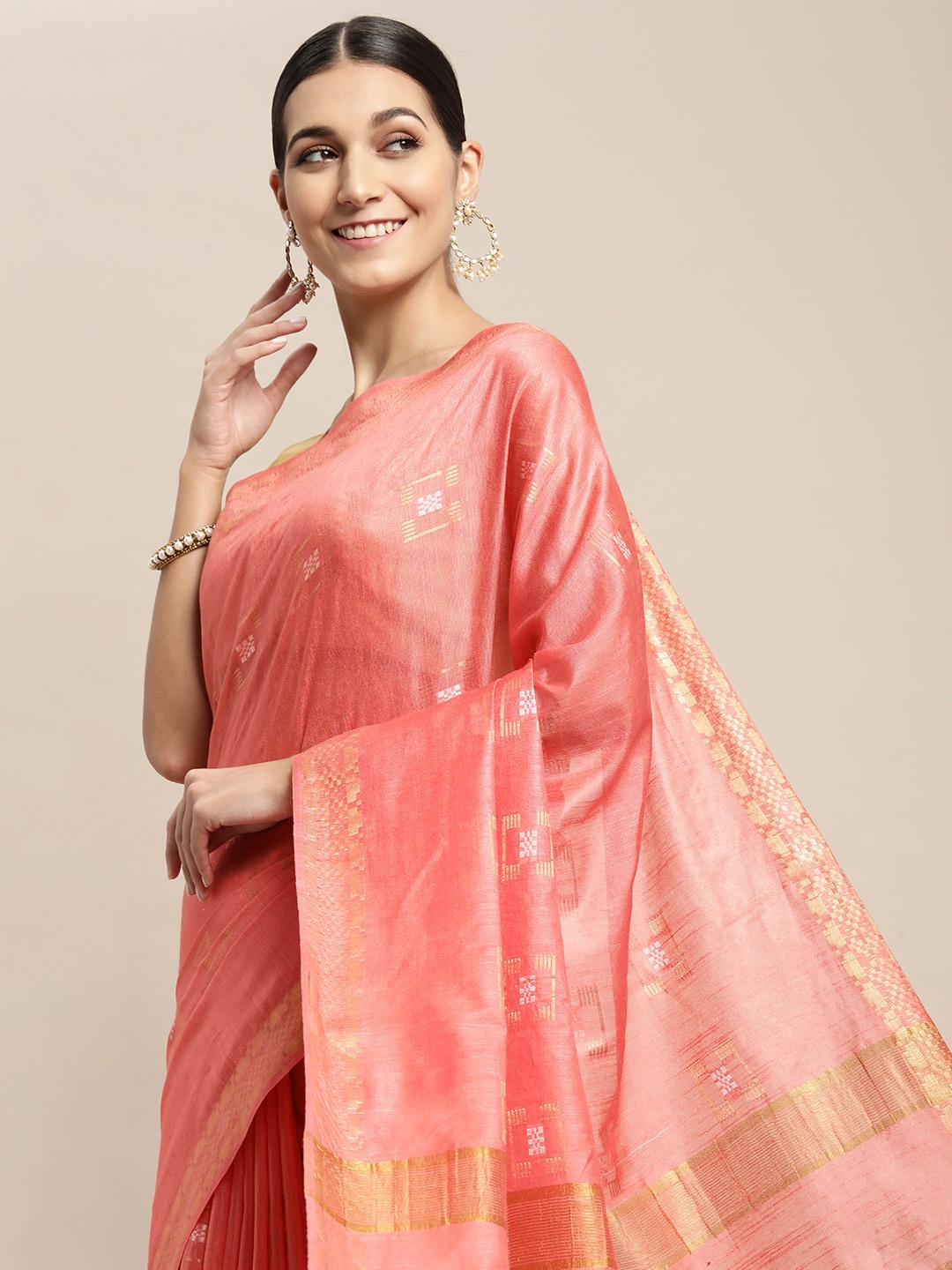 

swatika Peach-Coloured & Golden Geometric Woven Design Bhagalpuri Saree