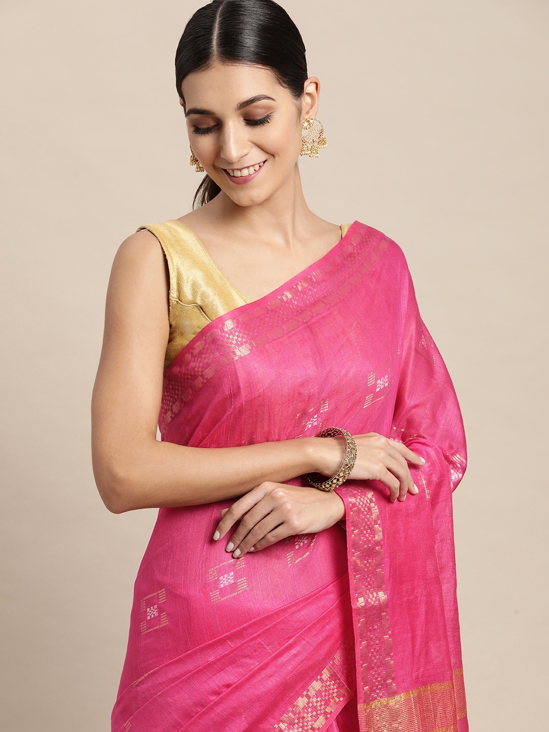 

swatika Pink & Golden Geometric Woven Design Bhagalpuri Saree