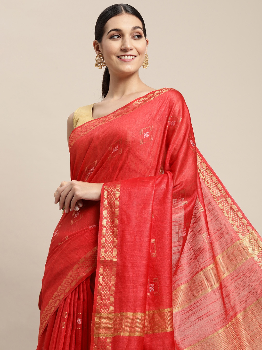 

swatika Red & Golden Geometric Woven Design Bhagalpuri Saree