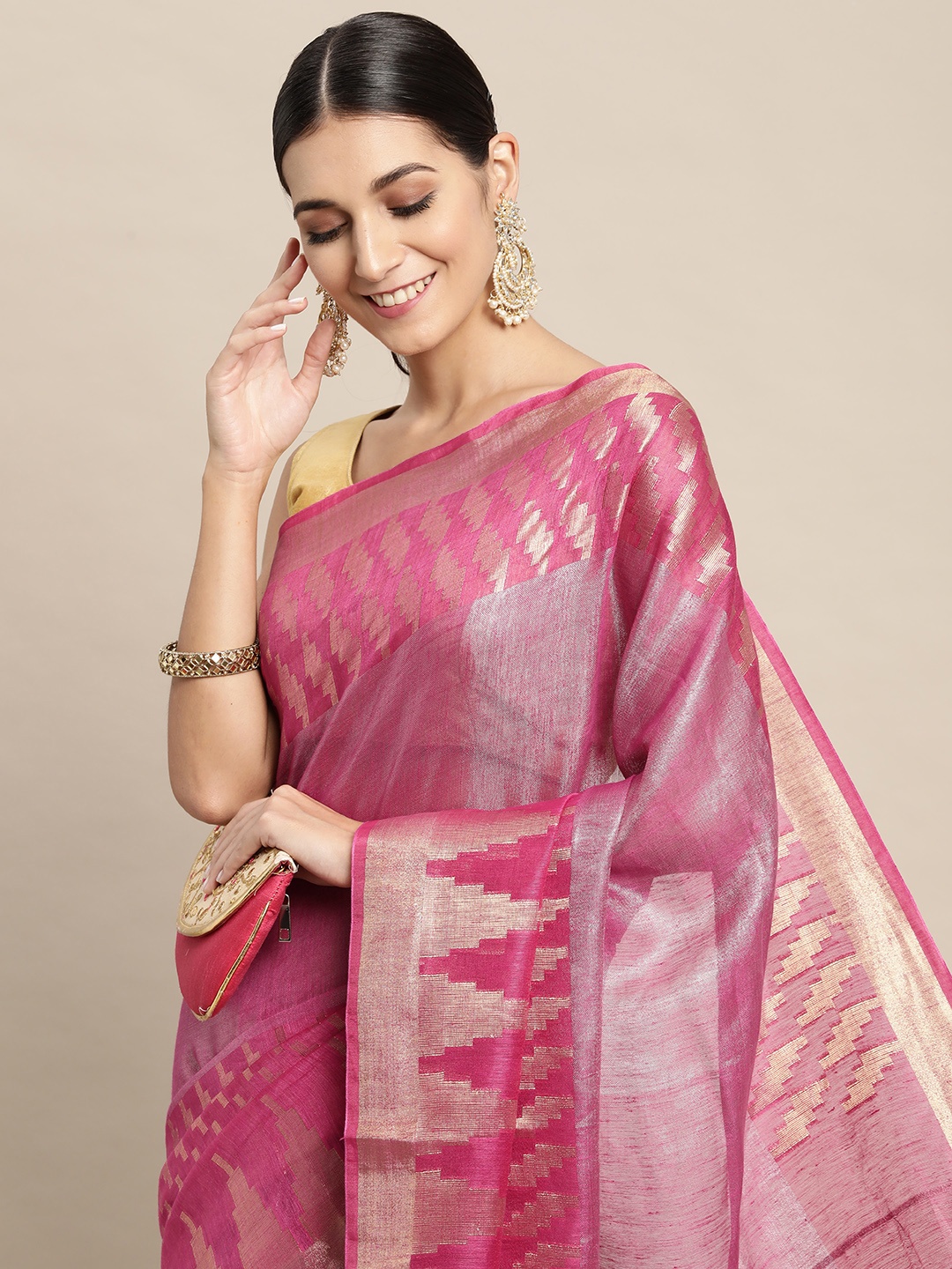 

swatika Pink & Golden Geometric Woven Design Bhagalpuri Saree