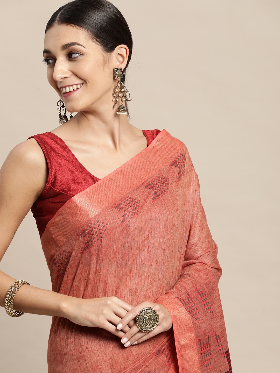 

swatika Peach-Coloured & Maroon Geometric Woven Design Bhagalpuri Saree