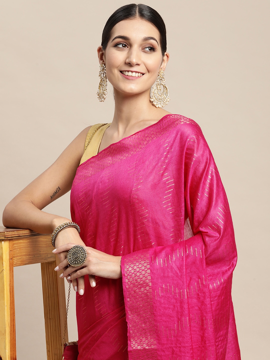 

swatika Pink & Golden Geometric Woven Design Bhagalpuri Saree