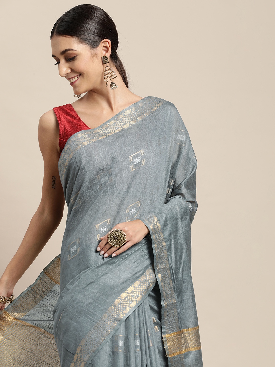 

swatika Grey & Golden Geometric Woven Design Bhagalpuri Saree