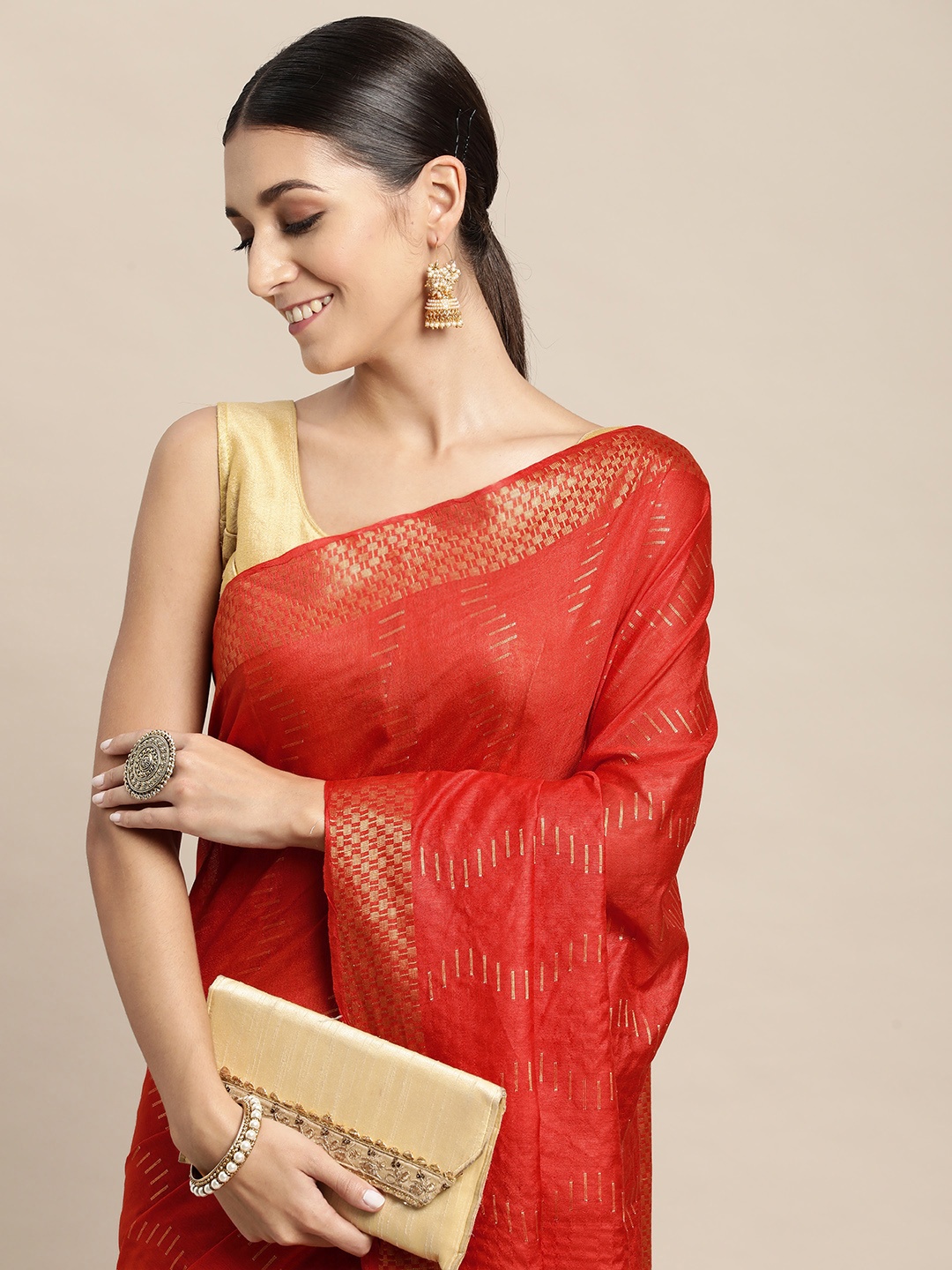 

swatika Red & Golden Geometric Woven Design Bhagalpuri Saree