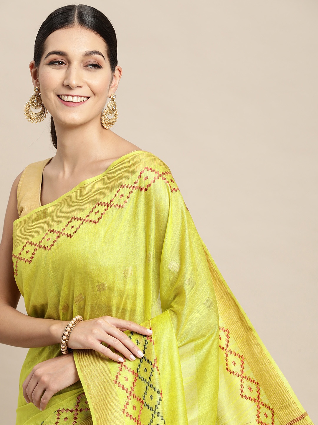 

swatika Lime Green & Maroon Geometric Woven Design Bhagalpuri Saree