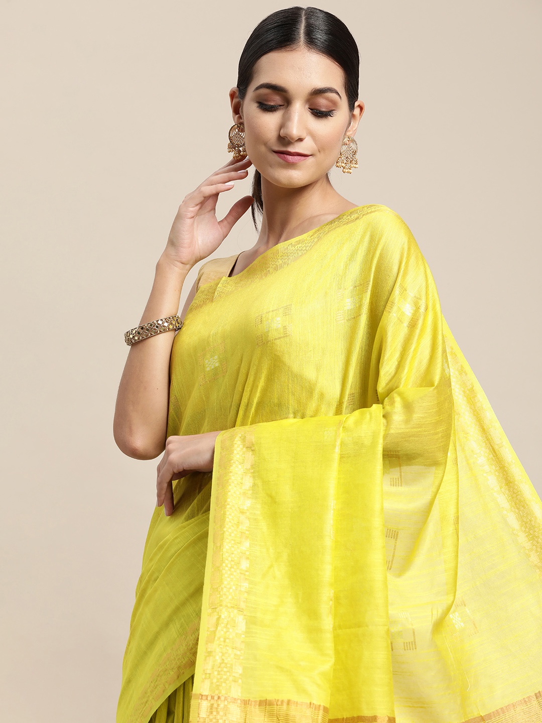 

swatika Lime Green & Golden Geometric Woven Design Bhagalpuri Saree