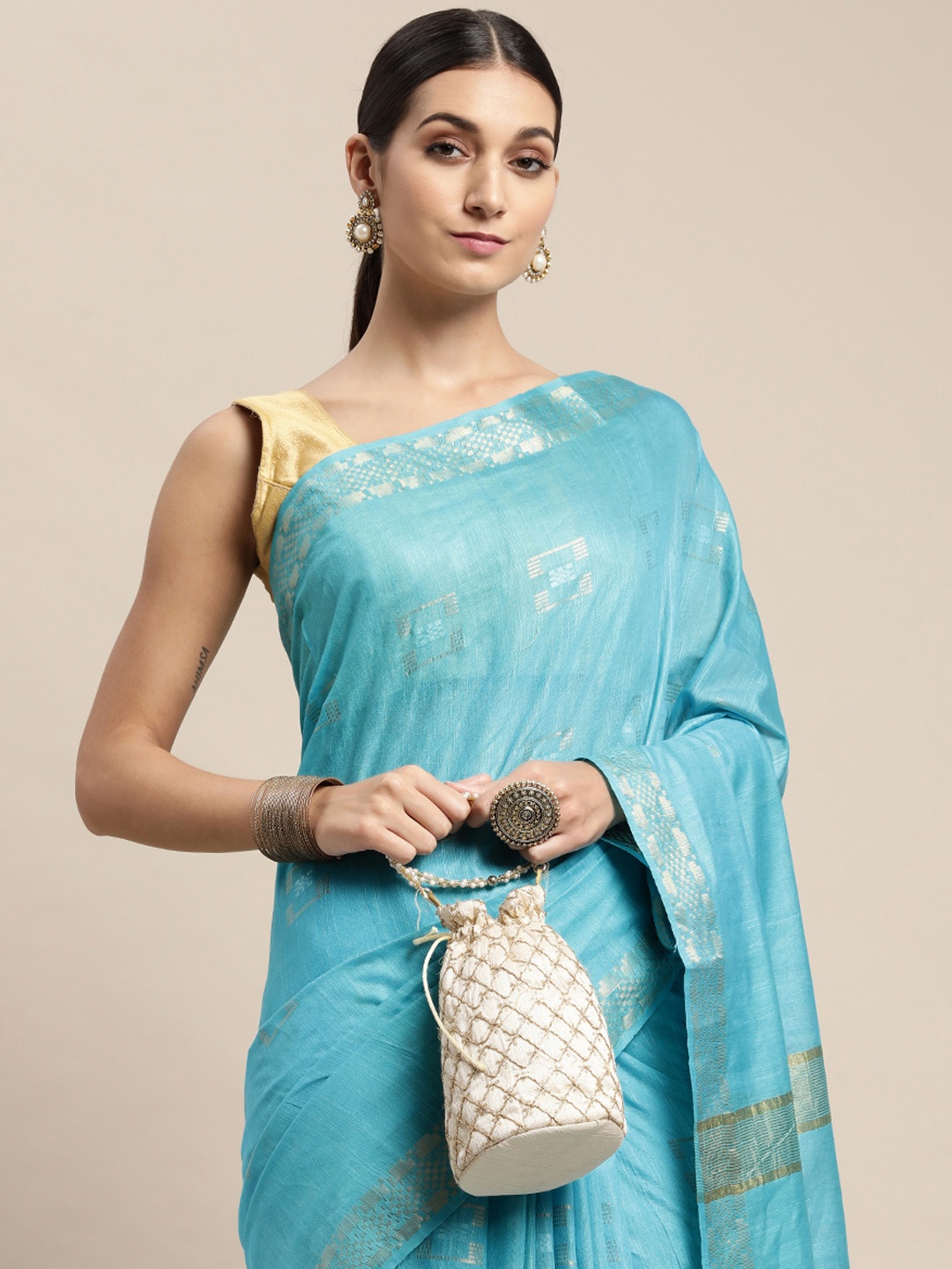 

swatika Blue & Golden Geometric Woven Design Bhagalpuri Saree