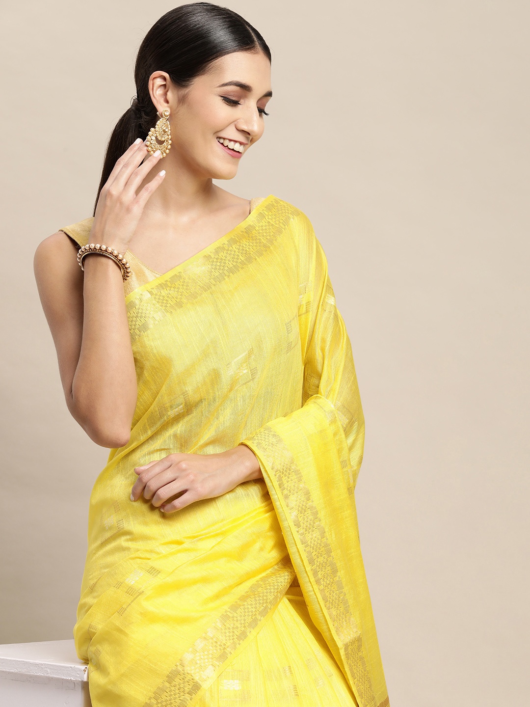 

swatika Yellow & Golden Geometric Woven Design Bhagalpuri Saree