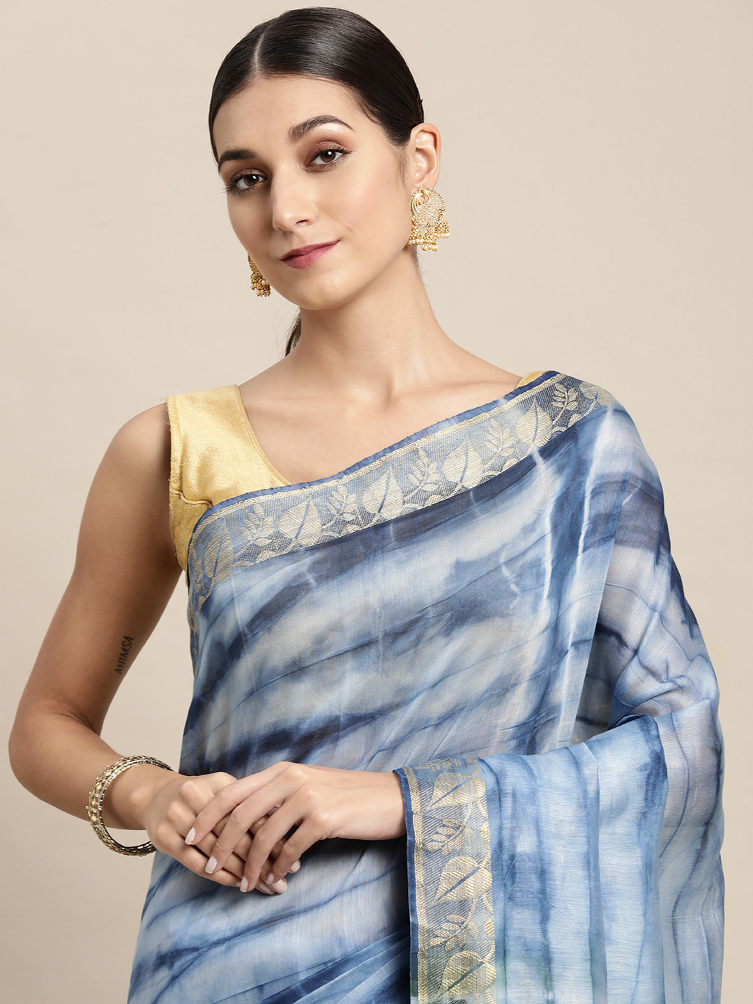 

swatika Blue & Green Tie and Dye Pure Silk Bhagalpuri Saree