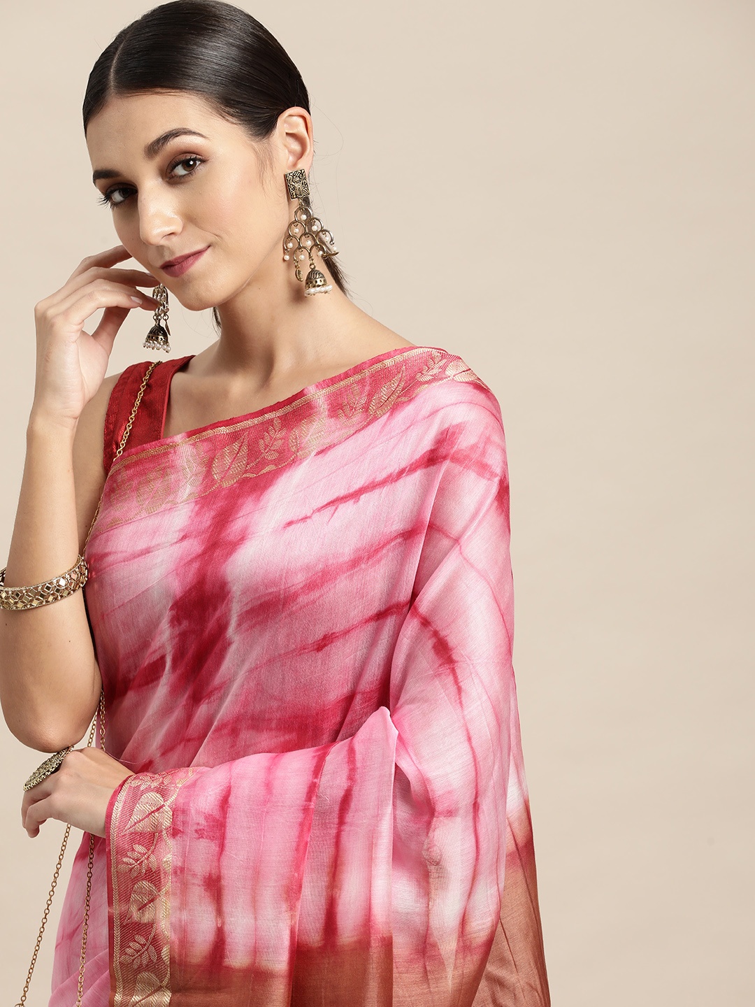 

swatika Pink & Brown Tie and Dye Pure Silk Bhagalpuri Saree