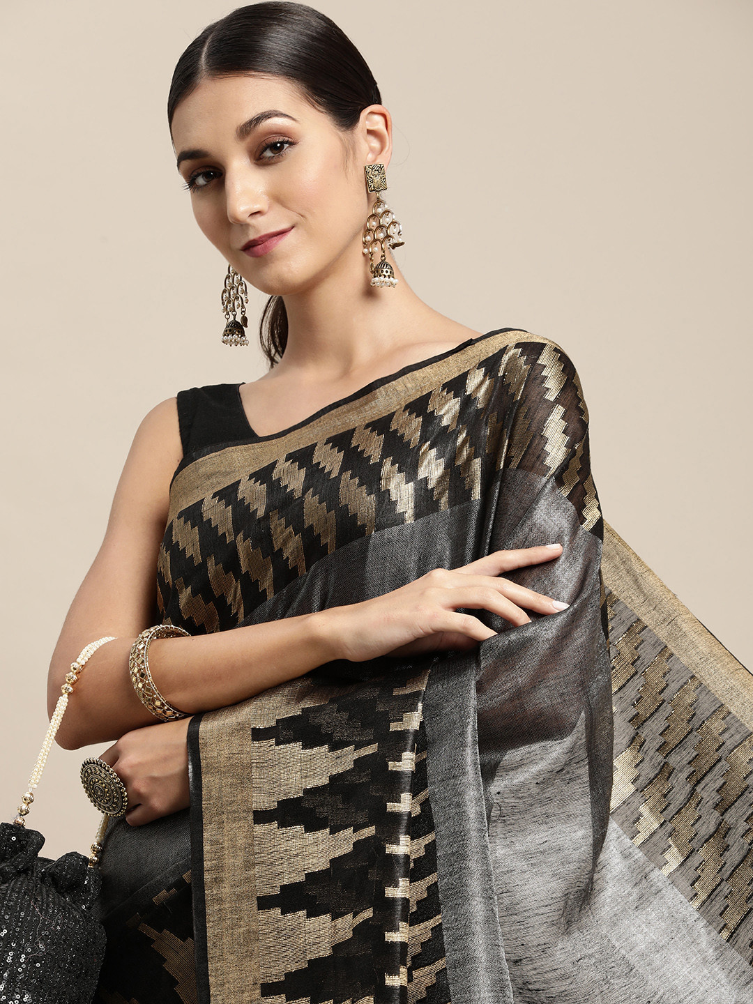 

swatika Black & Golden Geometric Woven Design Bhagalpuri Saree