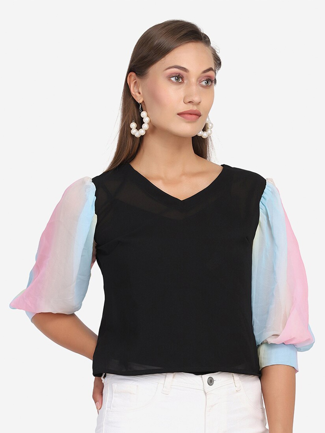 

SAKIA Black Solid Puff Sleeves Regular Top