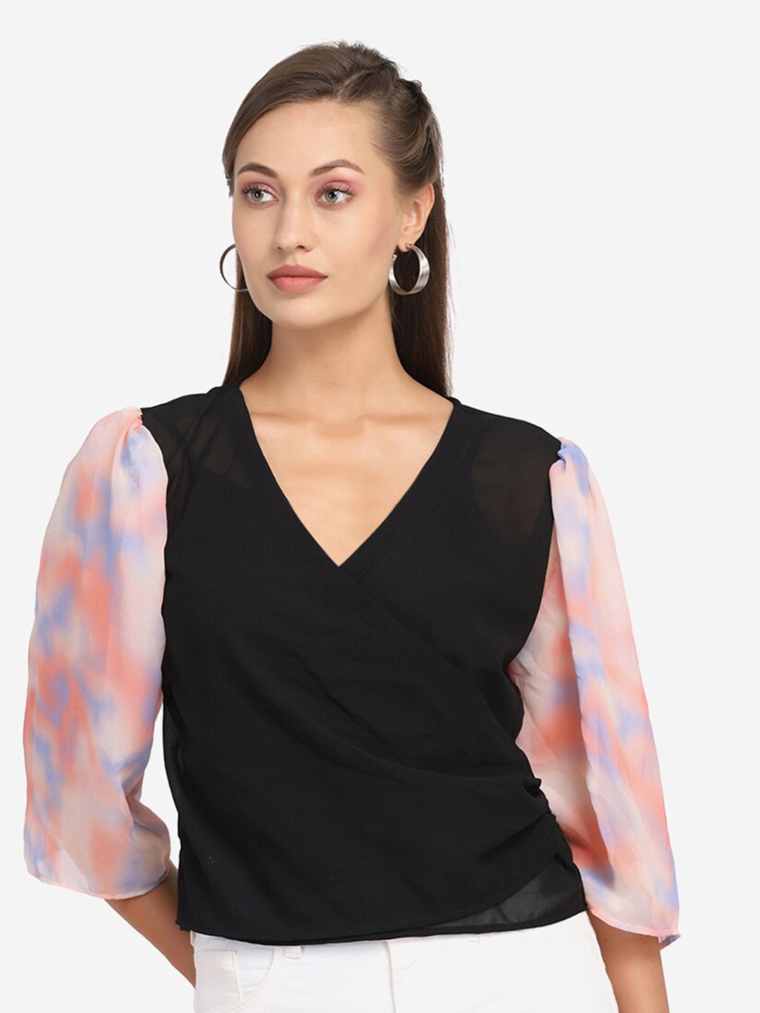 

SAKIA Women Black & Peach Colourblocked Top