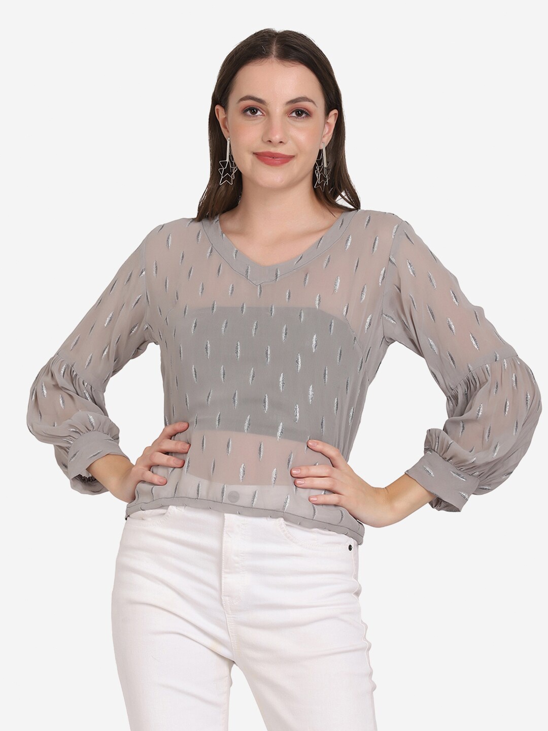 

SAKIA Women Grey Printed Bishop Sleeves Top