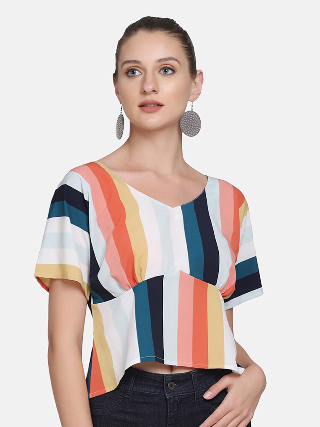 

SAKIA Women blue Striped Boxy Top