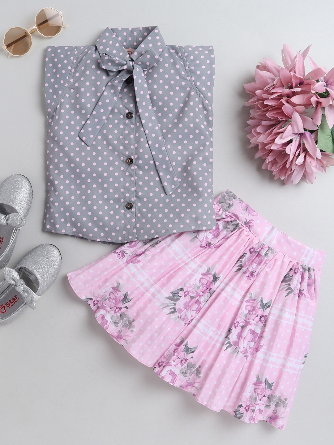 

The Magic Wand Girls Pink & Grey Printed Top with Skirt