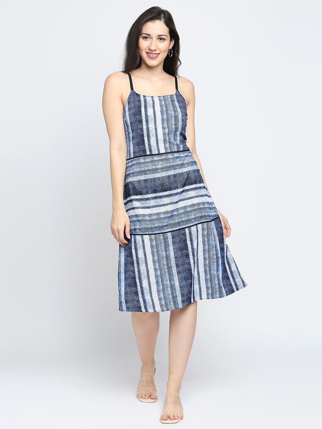 

ZINNIA Women Blue & rich black Striped A-Line Midi Dress