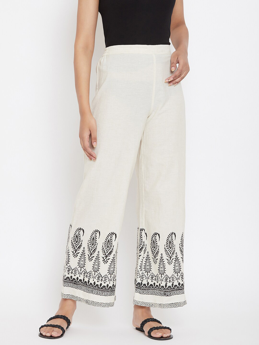 

Evalona Women White & Black Ethnic Motifs Printed Knitted Ethnic Palazzos