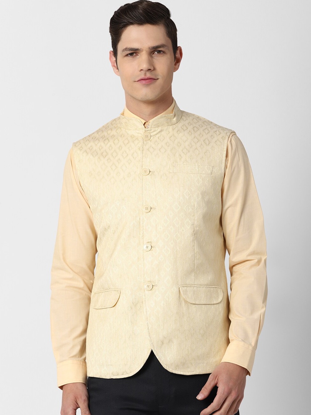 

Peter England Elite Men Cream Printed Nehru Jackets