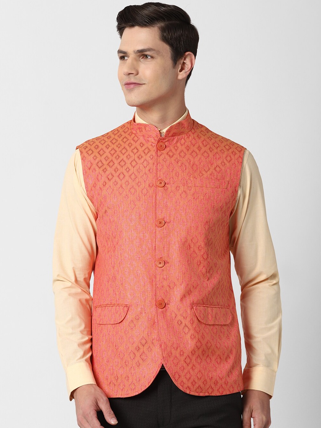 

Peter England Elite Men Orange Woven Design Nehru Jackets