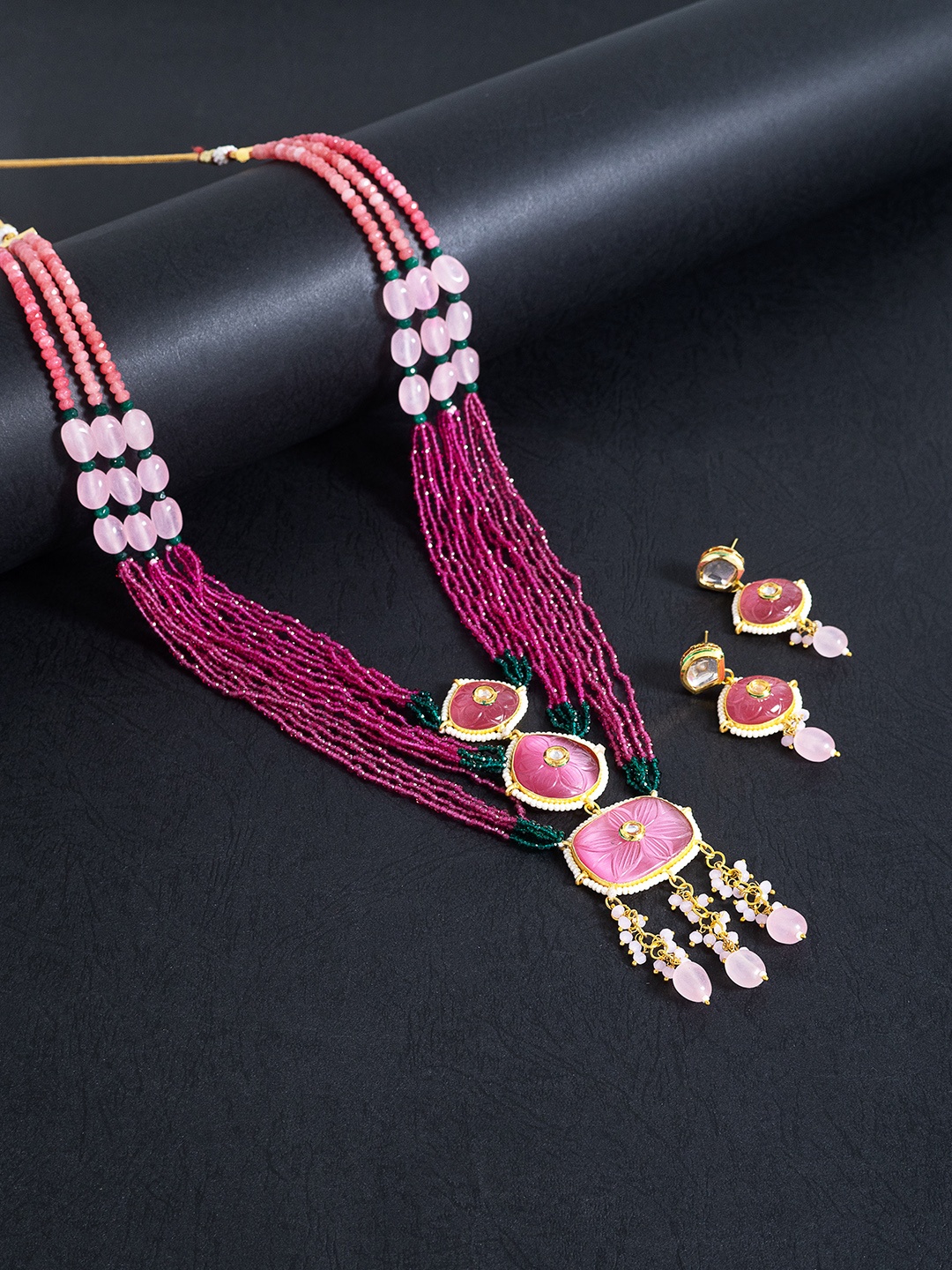 

Golden Peacock Women Gold-Toned & Pink Beaded Layered Necklace & Earrings