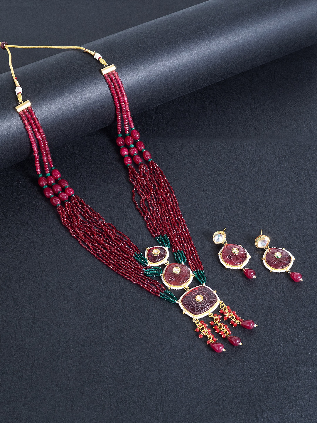

Golden Peacock Women Gold-Toned & Maroon Beads Beaded Layered Necklace & Earrings