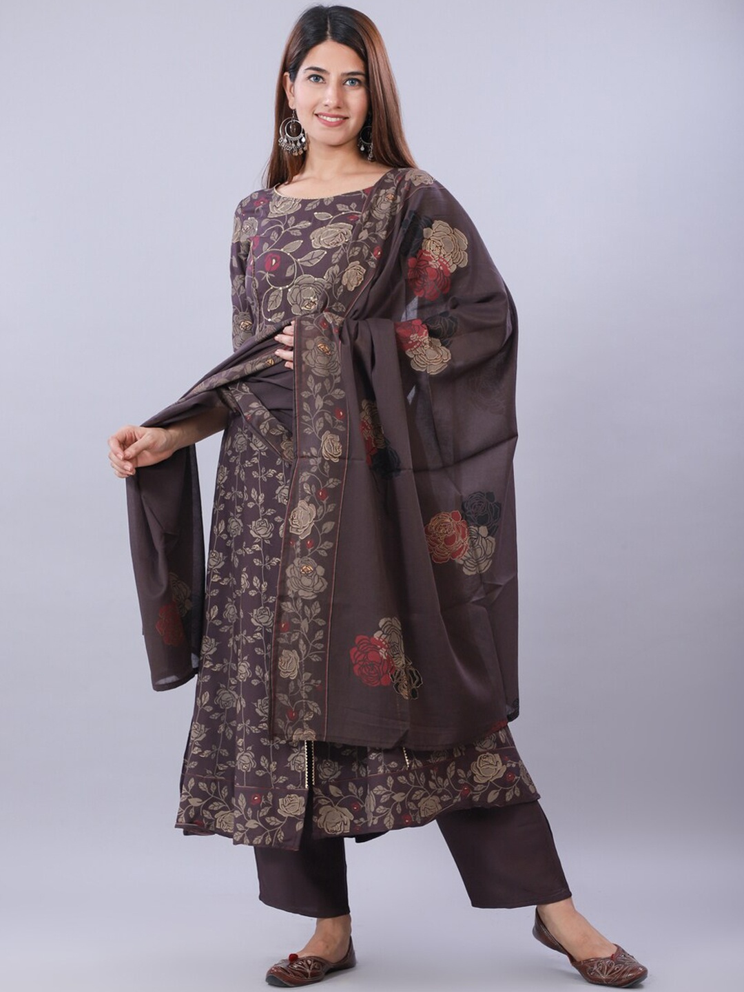 

TOULIN Coffee Brown Floral Printed Sequinned Kurta with Palazzos