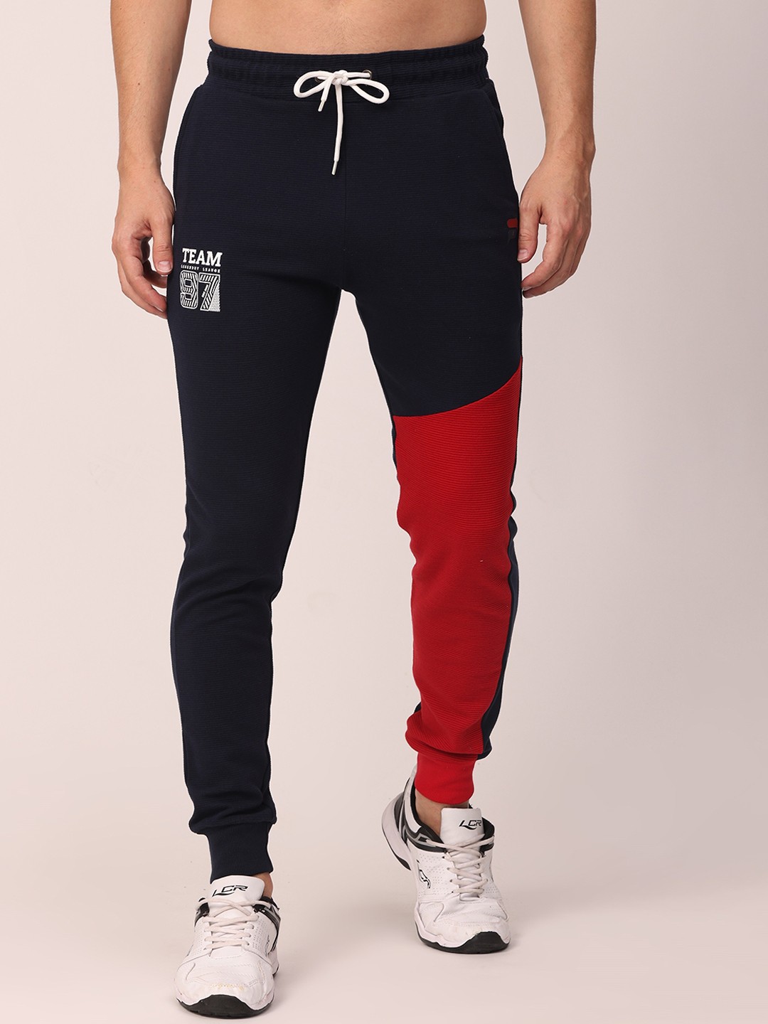 

POLONIUM Men Navy Blue & Red ColourBlocked Rapid-Dry Track Pants