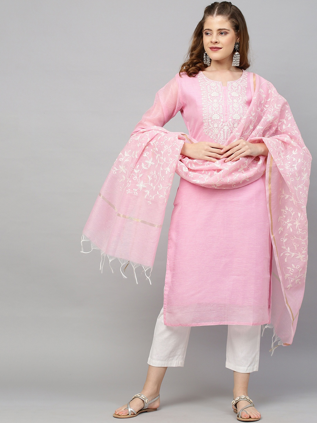 

FASHOR Women Pink Floral Embroidered Chanderi Silk Kurta with Trousers & With Dupatta